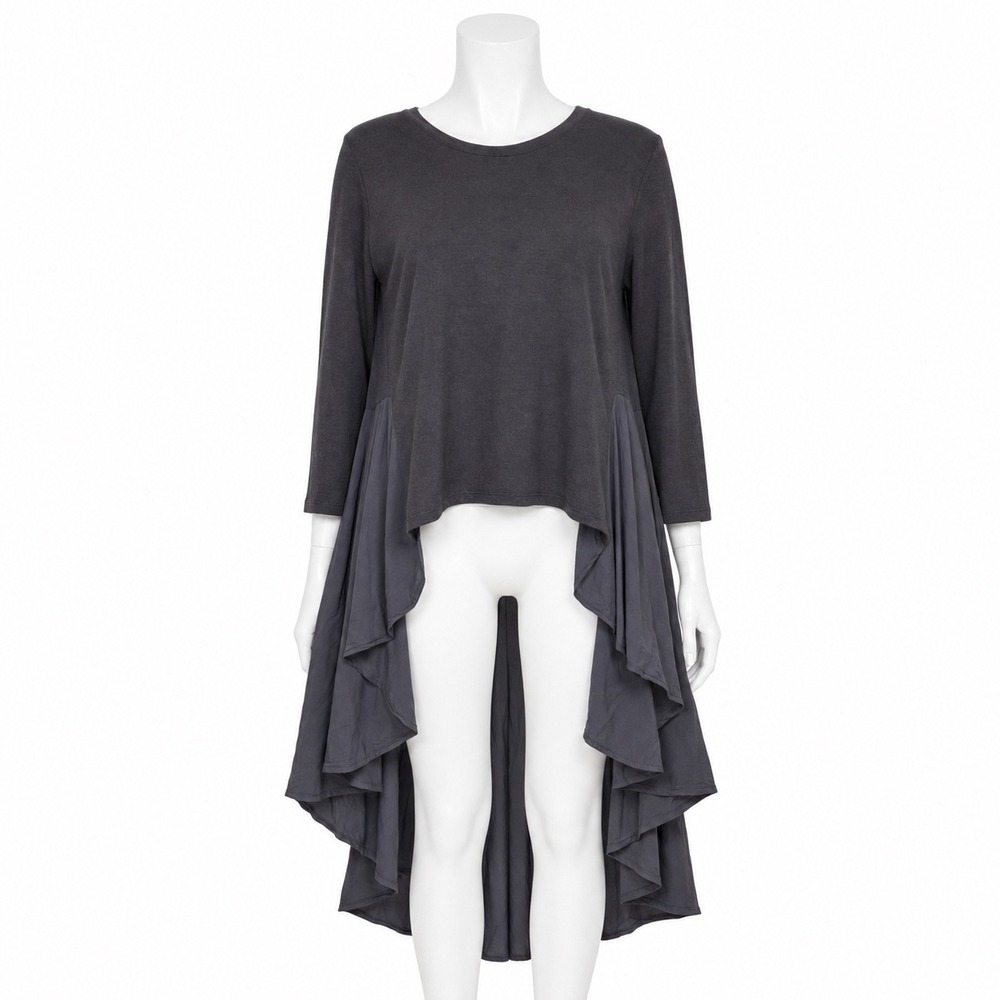 DG2 Diane Gilman Top Womens M Black High Low Hem Ruffle 3/4 Sleeve Avant Garde